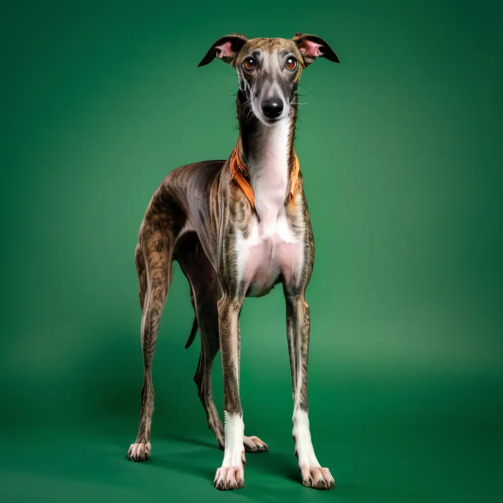 Brindle greyhound dog stood and facing straight ahead on a solid green background