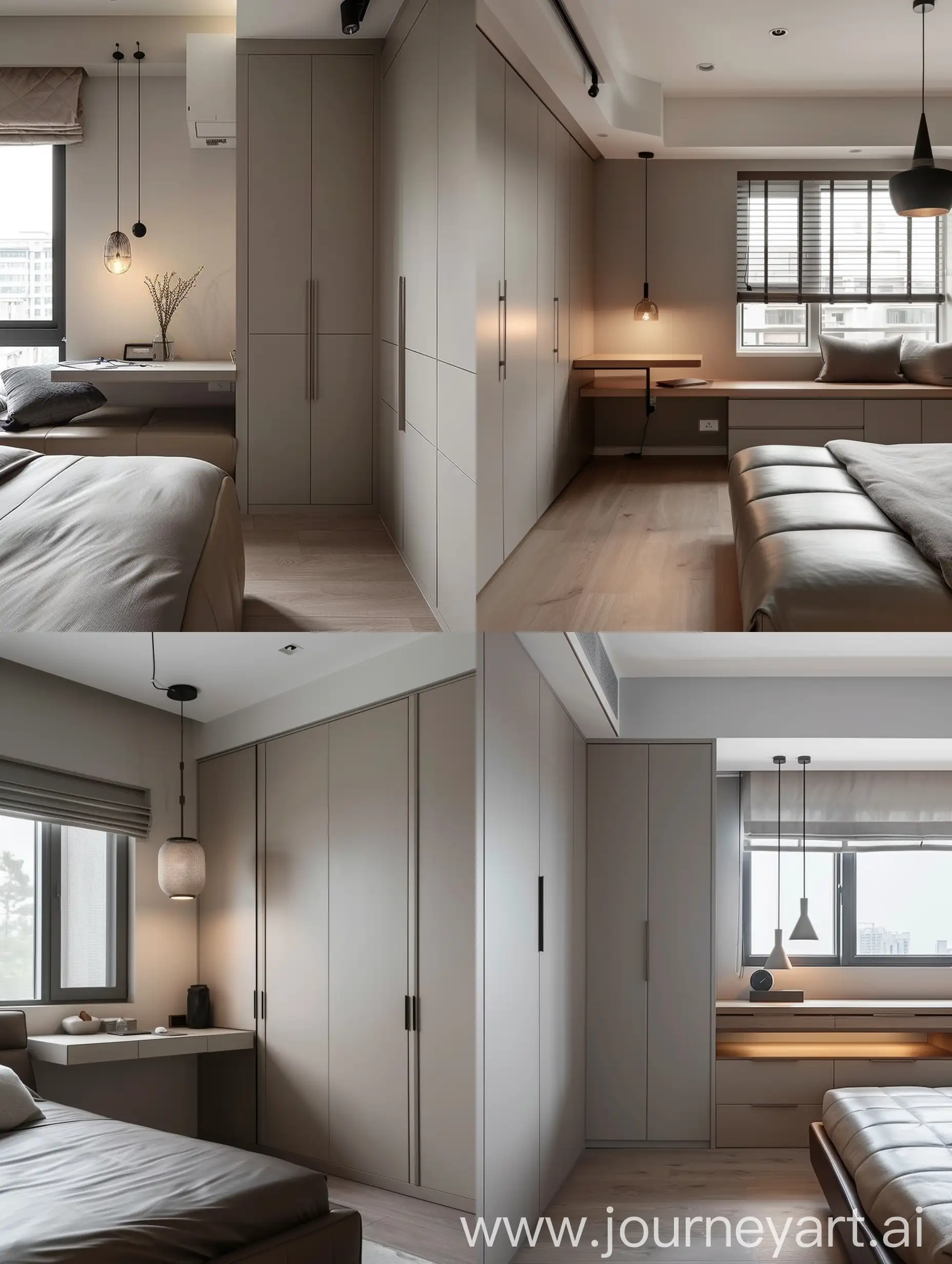 一个现代简约风格的卧室，极简装修，衣柜柜门为纯色，浅灰色，靠窗位置是悬浮书桌，床是简约皮床，床头柜上方有垂下来的小吊灯
