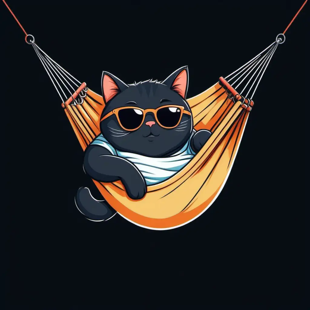 .A sleepy chubby black cartoon cat snuggled in a hammock, wearing 
sunglasses and sipping a tiny drink, relaxed art style, lazy 
mood, T-shirt design graphic, vector, contour, flat black 
background.
