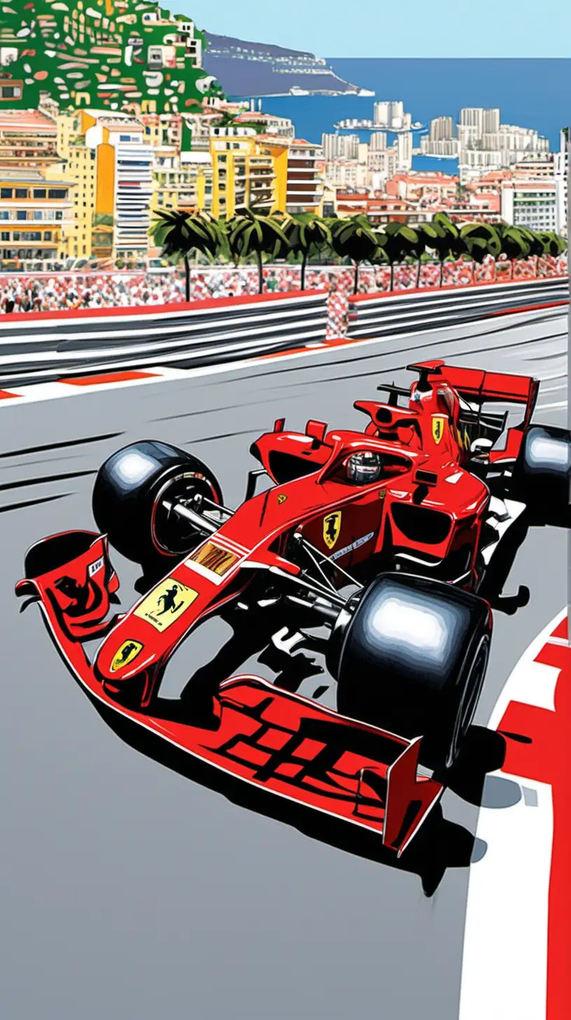 Assouline-inspired art of formula 1 Ferrari car on track in Monaco