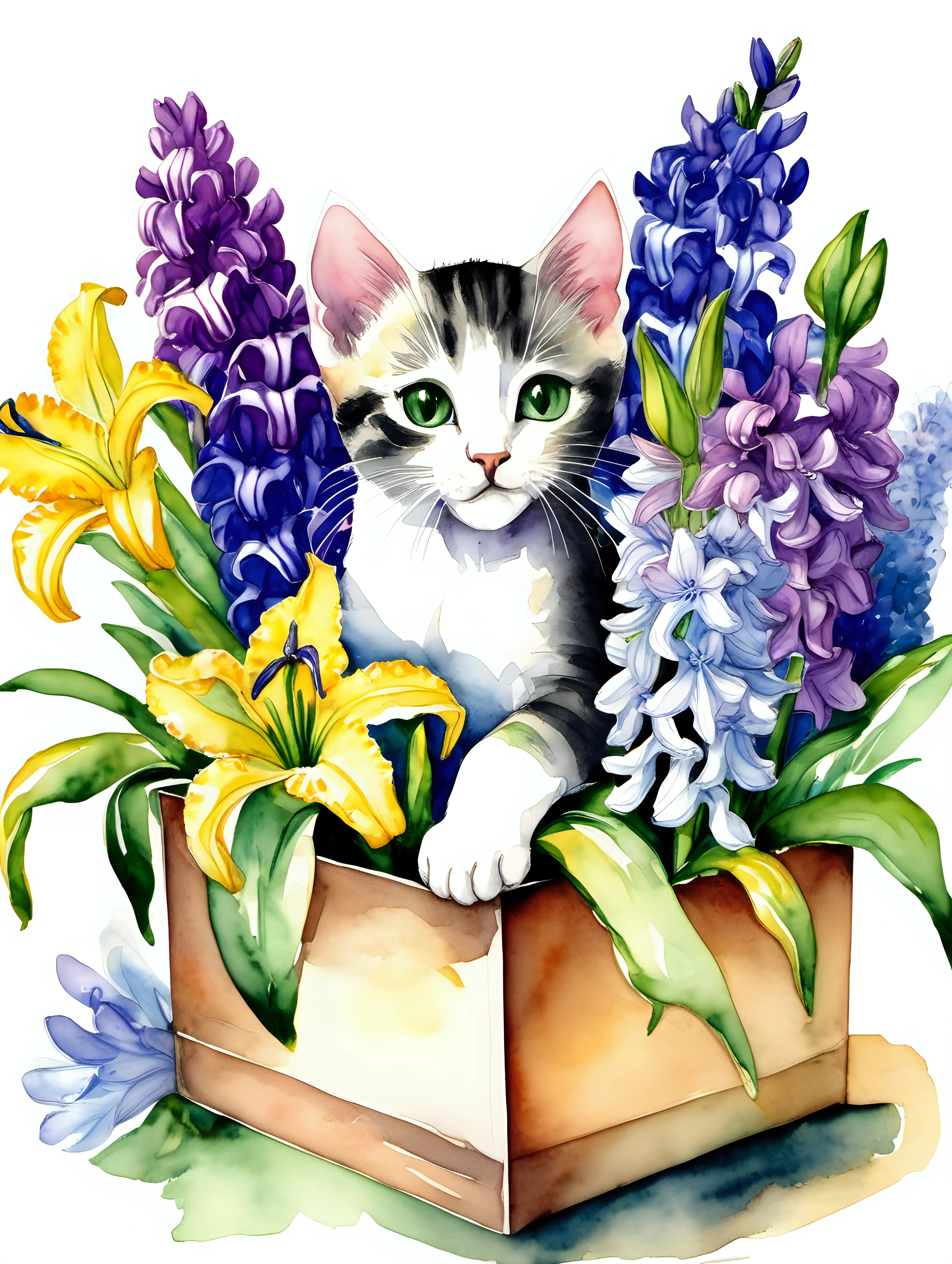 Create a festive atmosphere with a kitten in a box adorned with the colors of spring, including hyacinths, irises, and lilies. Use watercolors to convey the lively and celebratory nature.