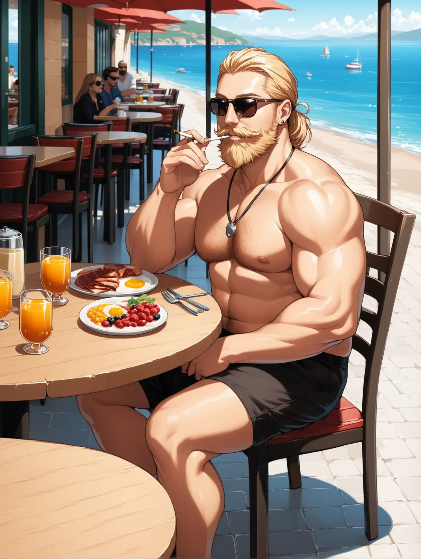 a tall, fit, curvy body, blonde norwegian man, lookalike Nanami Kento with stubbly beard wearing sunglasses, sitting in a cafe while smoking, Turkish Breakfast on the table, seaside, Turkey, full body, zoomed out