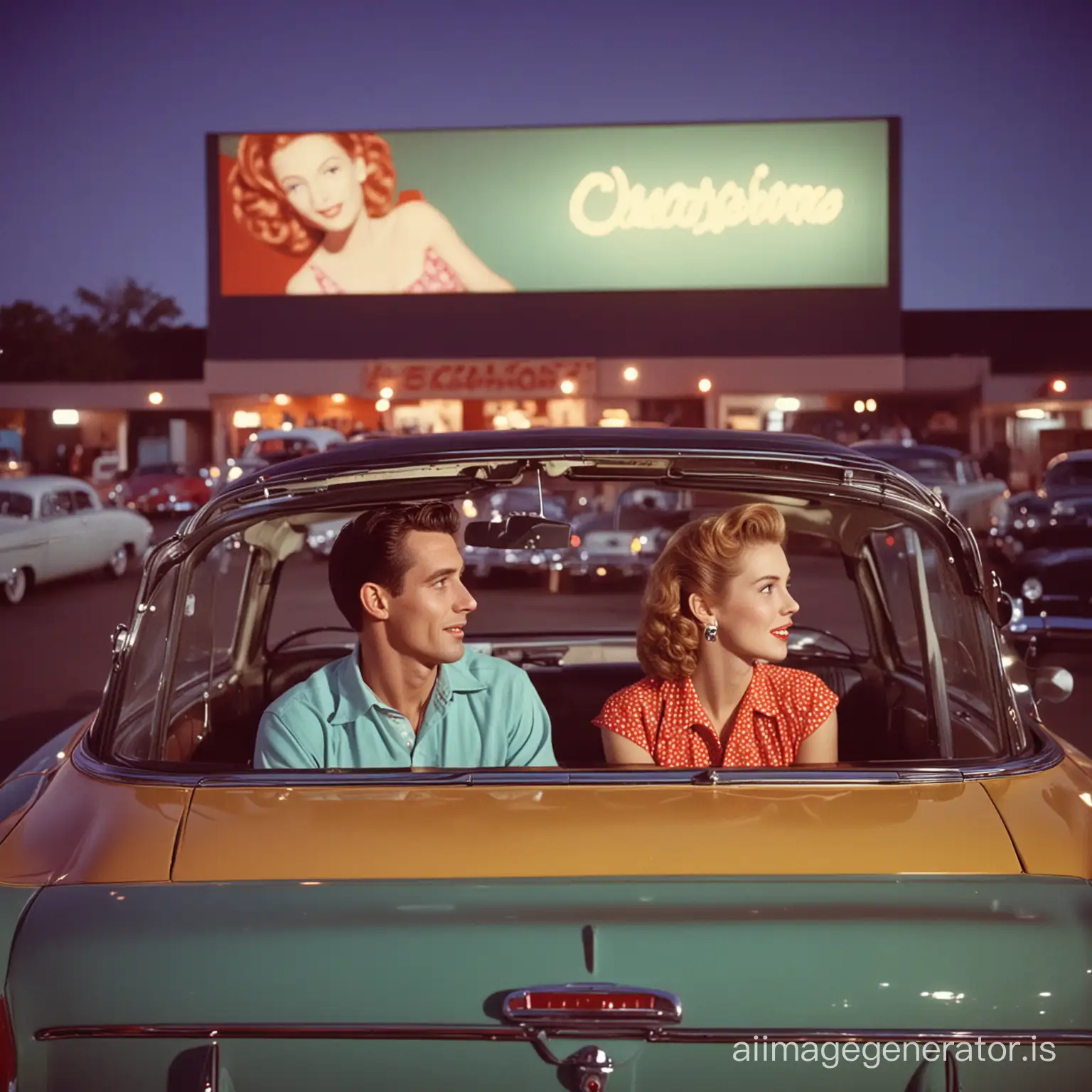 un couple dans un cinéma drive in des années 50, image très colorée, Kodachrome