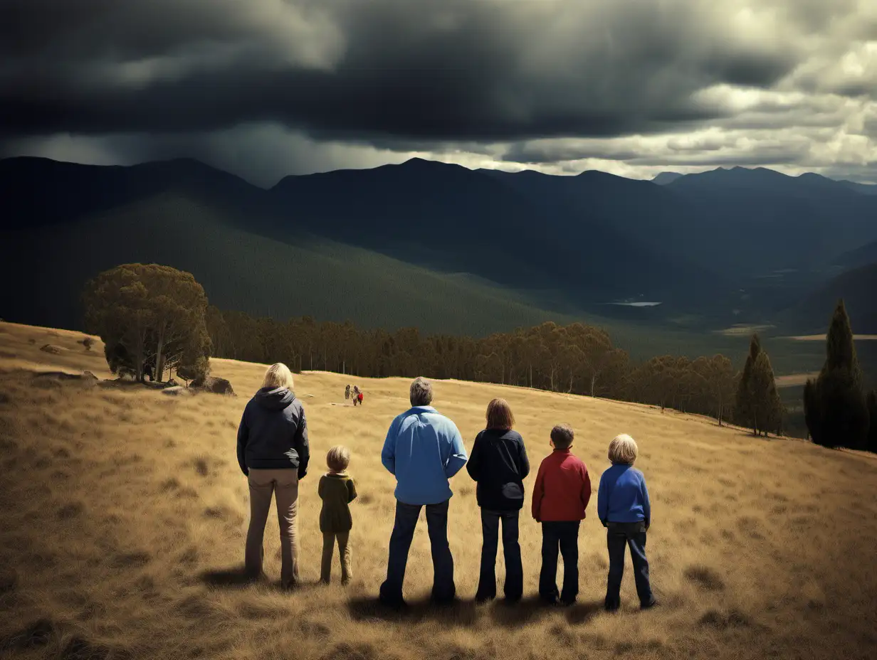 Family, in the style of canon ts-e 17mm f/4l tilt-shift, mountainous vistas, uhd image, australian tonalism, 32k uhd, whistlerian, storm thorgerson