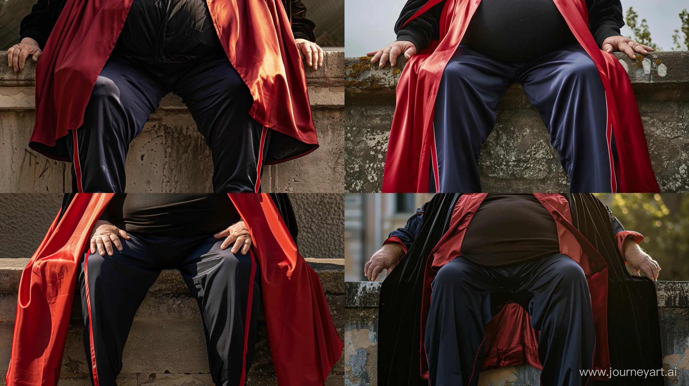 Front view close-up photo of a very fat man aged 60 wearing silk royal navy tracksuit pants with red thin stripe on the leg. Large red heavy black cape with a satin lining. Sitting on the edge of a wall outside. Hands on the wall. --style raw --ar 16:9