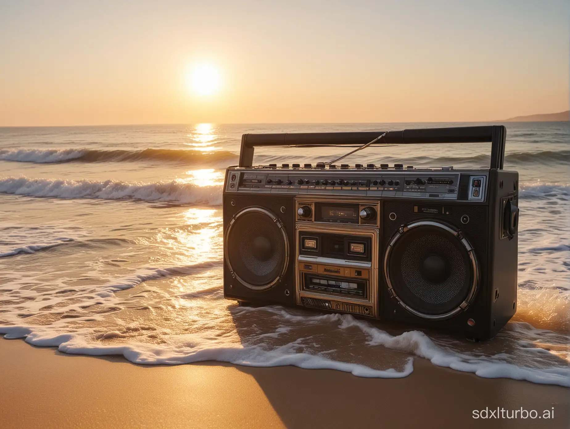 Tranquil-Beach-Evening-with-Sunlight-and-Boombox