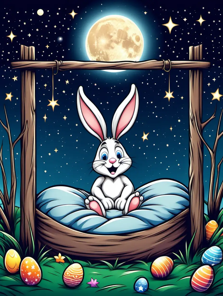 happy easter bunny in his bed ready for he day, the moon and stars out the window of his burow, excited, minimalistic, detailed illustration, color, cartoon for coloring book, clean lines, , child age 6-9, 8k high dof - ar 2:3