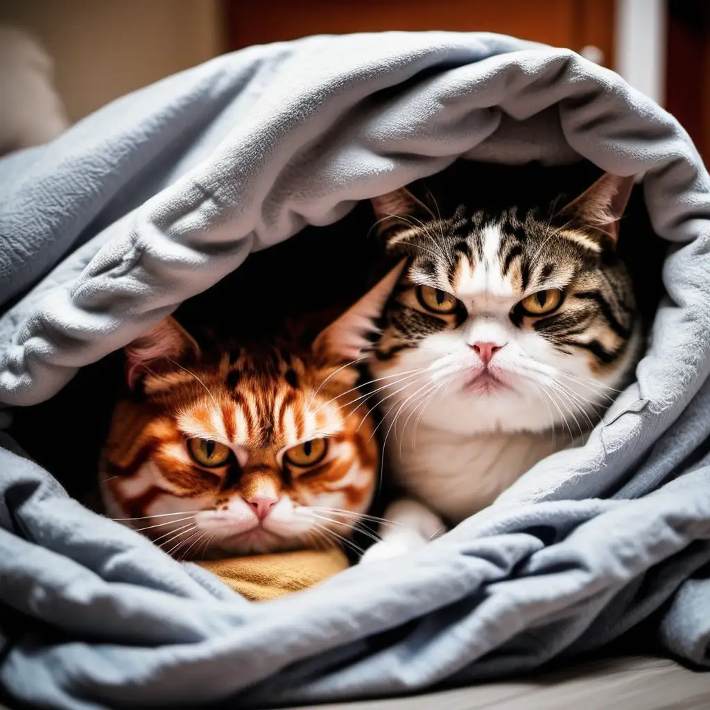 Angry cats cozy in blankets