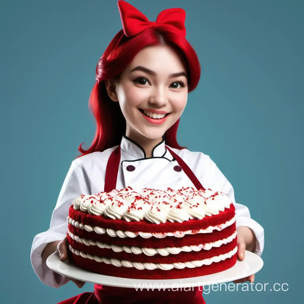  /img сгенерируй девушку кондитера в полный рост, которая держит в руке торт Красный бархат и улыбается,  в стиле персонажей Диснея