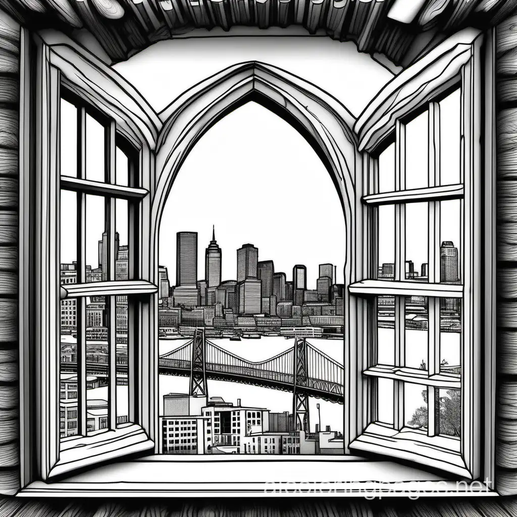 looking through an old wooden window frame ((ornate)) from Bunker Hill, at the Boston Skyline ((including view of Zakim Bridge)), precise details, accurate proportions, (((everything is isolated in white space))), Coloring Page, black and white, line art, white background, Simplicity, Ample White Space. The background of the coloring page is plain white to make it easy for young children to color within the lines. The outlines of all the subjects are easy to distinguish, making it simple for kids to color without too much difficulty