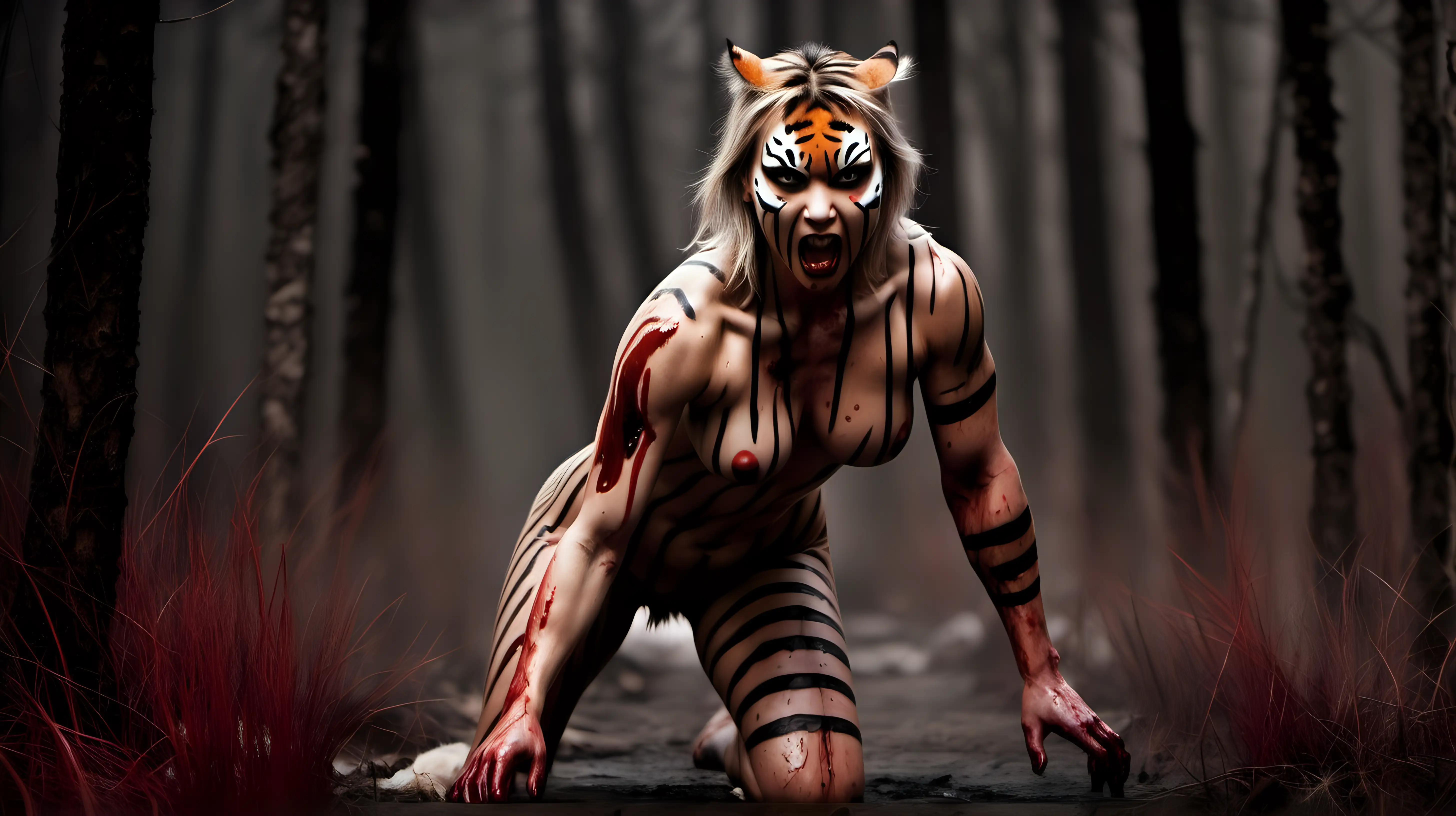 half tiger woman, naked, stripes, fur, forest, muscular, claws, bloody, attack