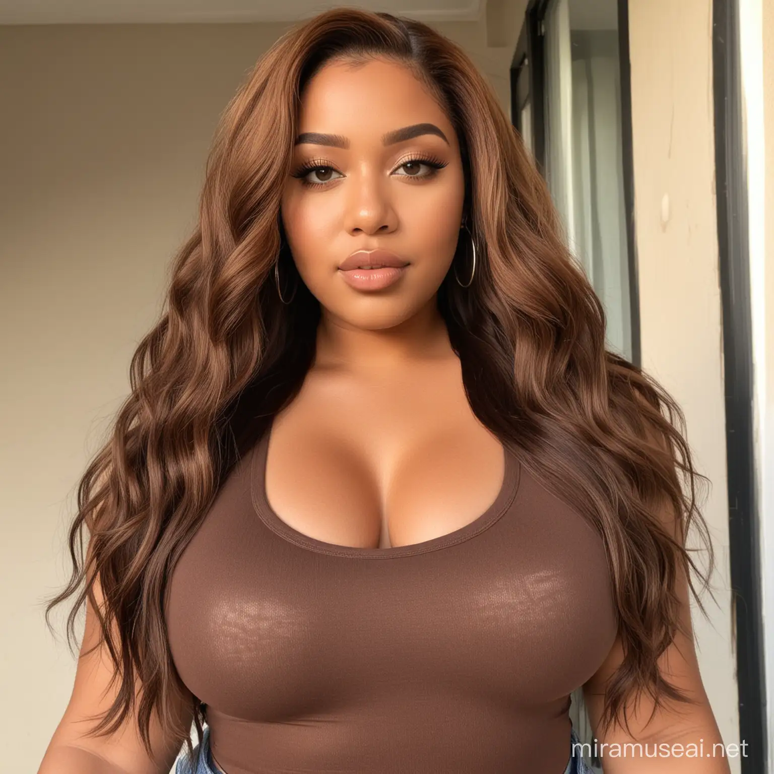 Image prompt/: generate pictures full body of a light skinned south african curvy, thick, plus size girl that looks like me, with a straight bronze glow hd lace front weave, sun-kissed thirst trap