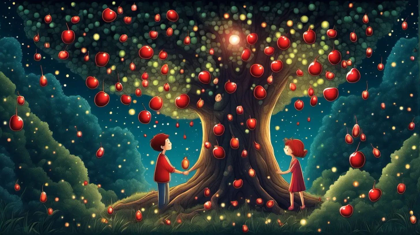 Magical Forest Elderly Couple Embracing Candy Tree at Night