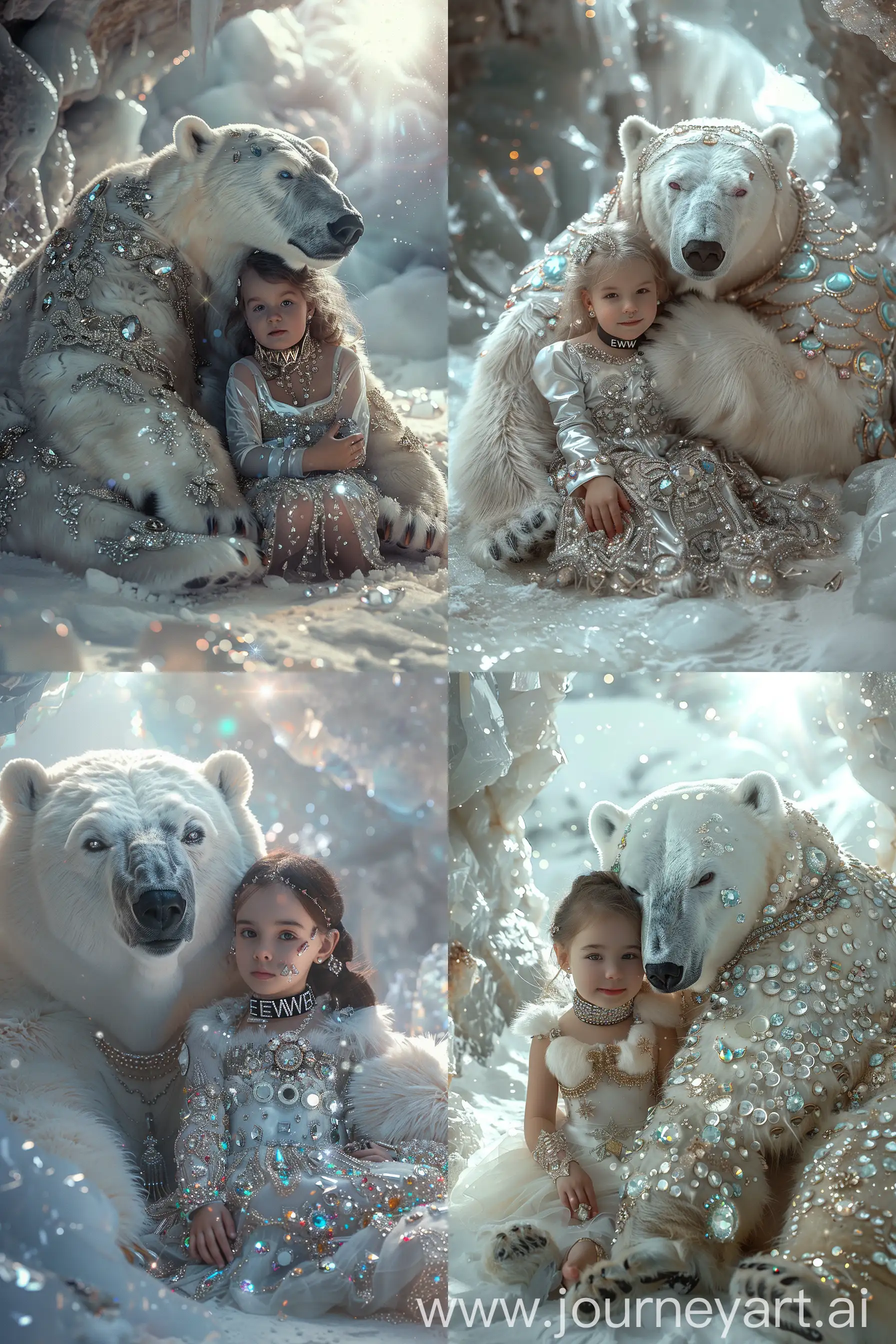 Magical-Encounter-Little-Girl-and-Polar-Bear-Embrace-in-a-Shimmering-Snow-Cave
