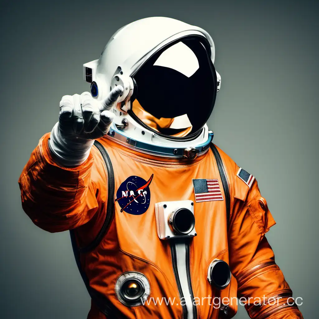 An astronaut in orange threatens with his finger