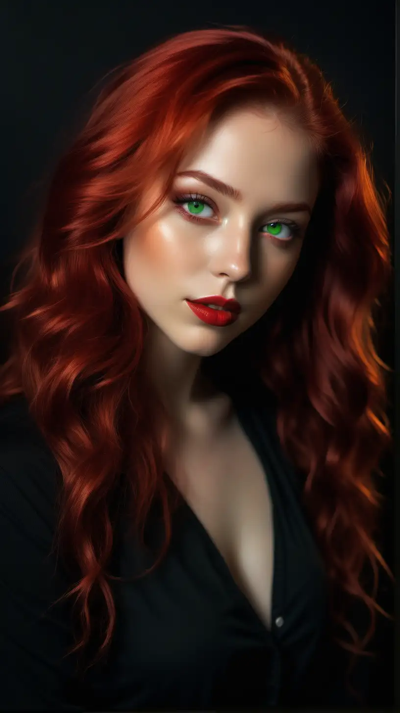 Generate a photograph of a 25-year-old artist woman. She is creating a painting on a large canvas. She isbeautiful with long red wave hair, perfect face, perfect green eye, perfect lips. She wears a black attire and low boots. 

Relaxed atmosphere, warm lighting, cinematic atmosphere, Kodak gold 400 quality rendering. Upscale image with  high definition. 

No negative pronts, no bad lips, no bad eyes, no bad teeth, no watermark, no masculine features, no distorted hands and no distorted finger.