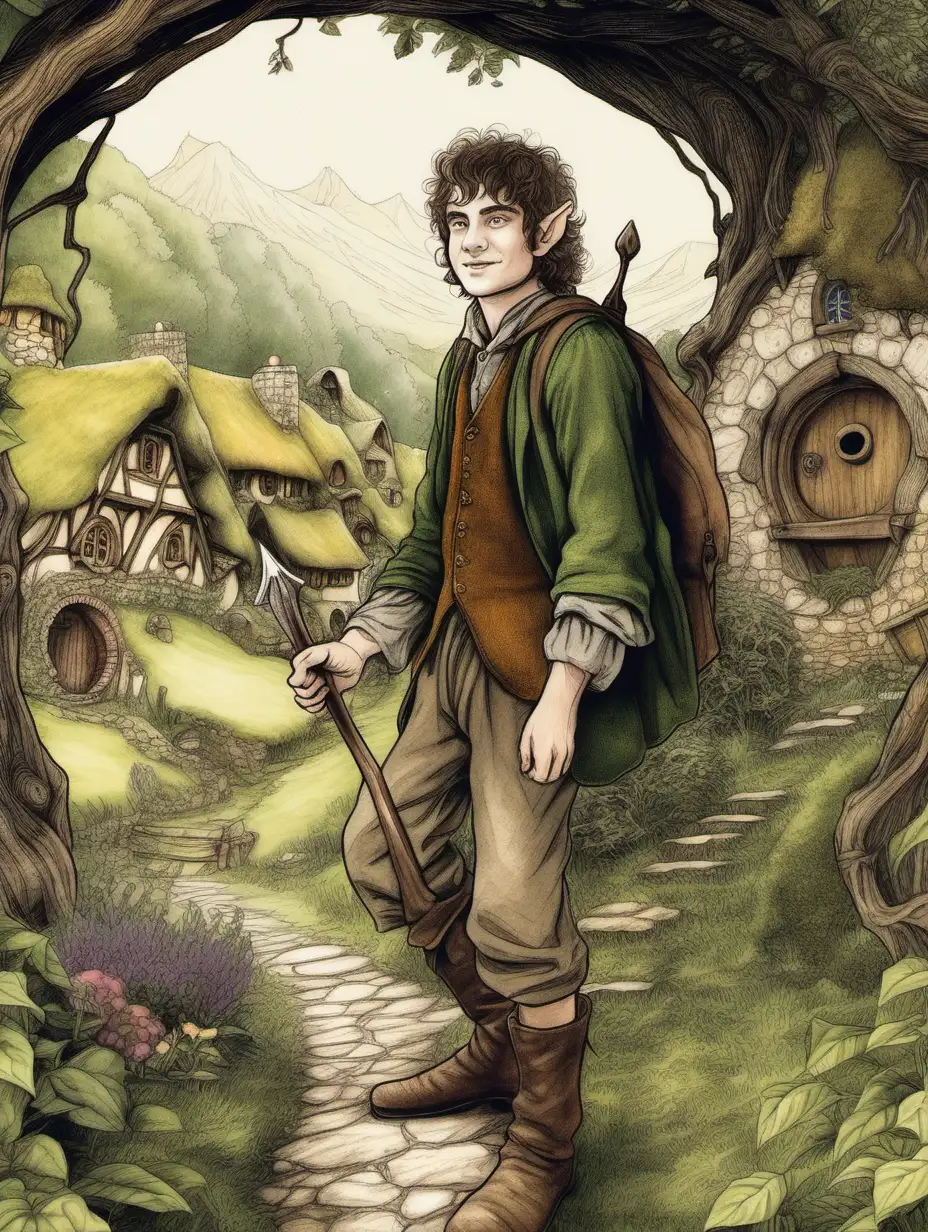 An image of a 21 year old hobbit in the shire, in a drawn detailed fantasy style 
