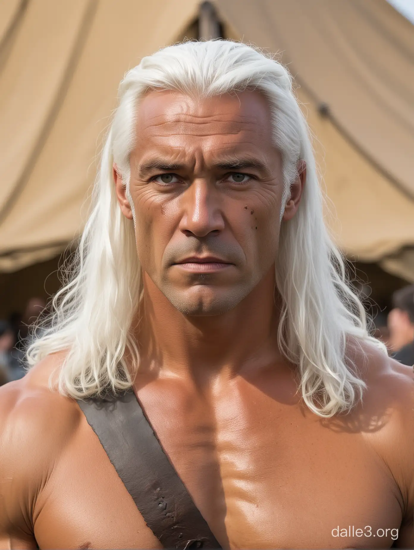 Conan the barbarian with white hair at the tent