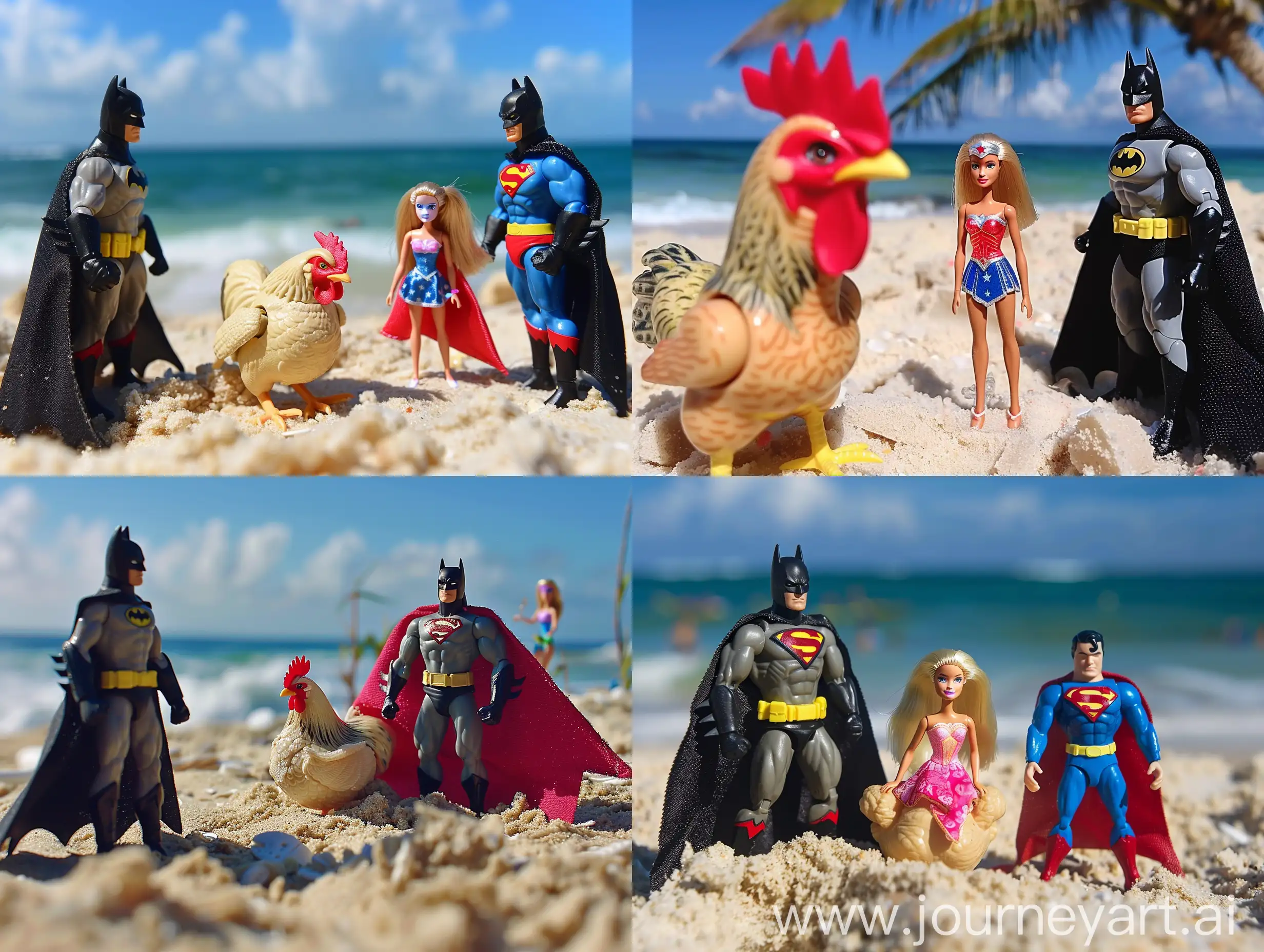 kurczak i barbiena na plażu z batmanem i supermanem