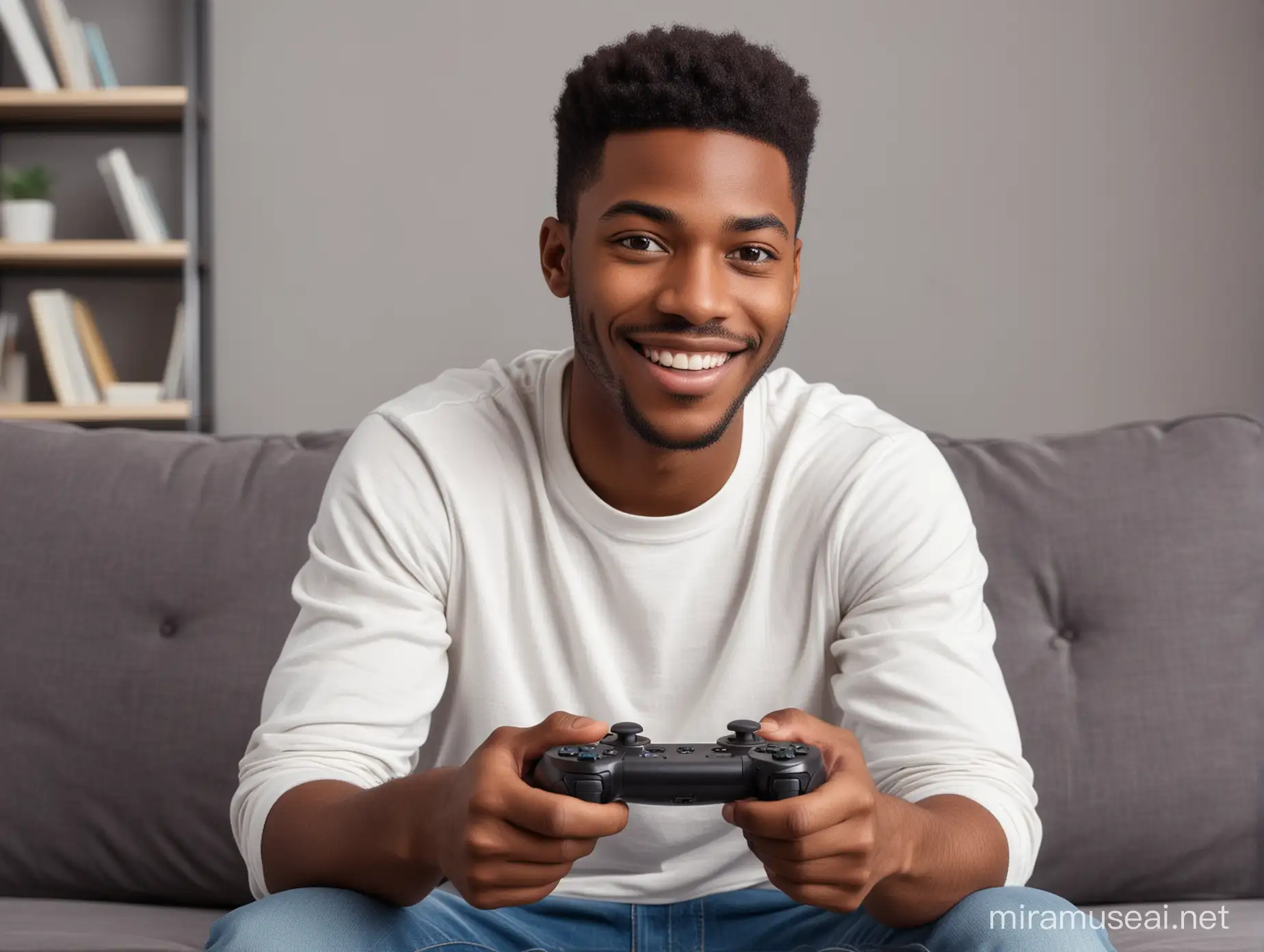Happy African American Man Playing Video Game on Couch