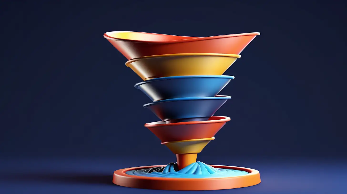 Colorful 3d model funnel flow, 5 layers, levitating, on dark blue background