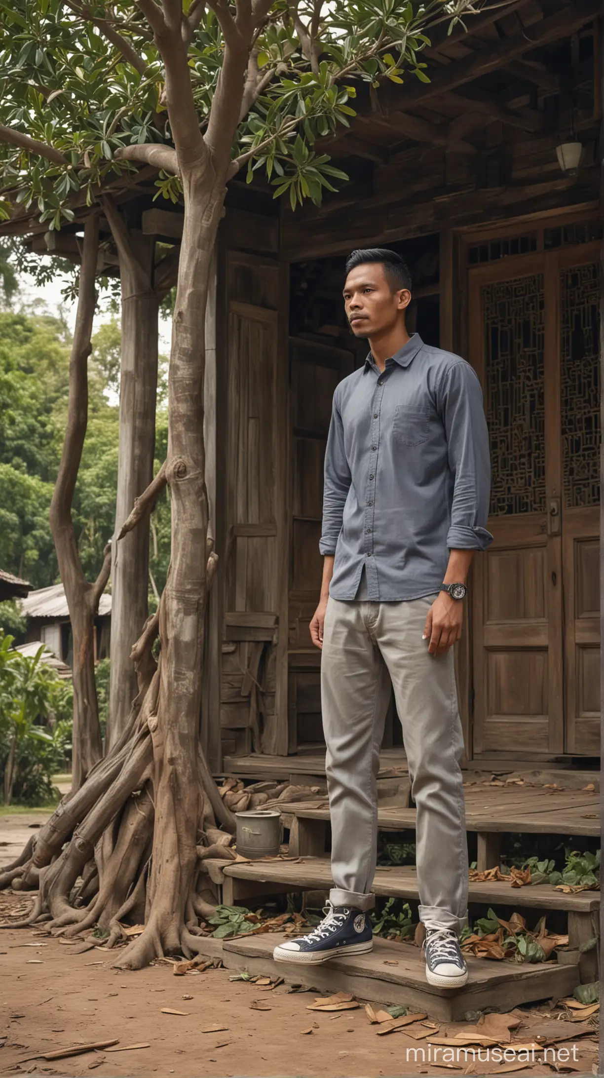 An Indonesian man wearing neat shirt and grey trouser, converse shoes, is standing in the front yard of an old wooden house with a porch connected to stairs, rusty zinc, with a Malay village atmosphere, there is a large banyan tree, there is a trophy on the table, realistic, detailed, cinematic, focused shot.