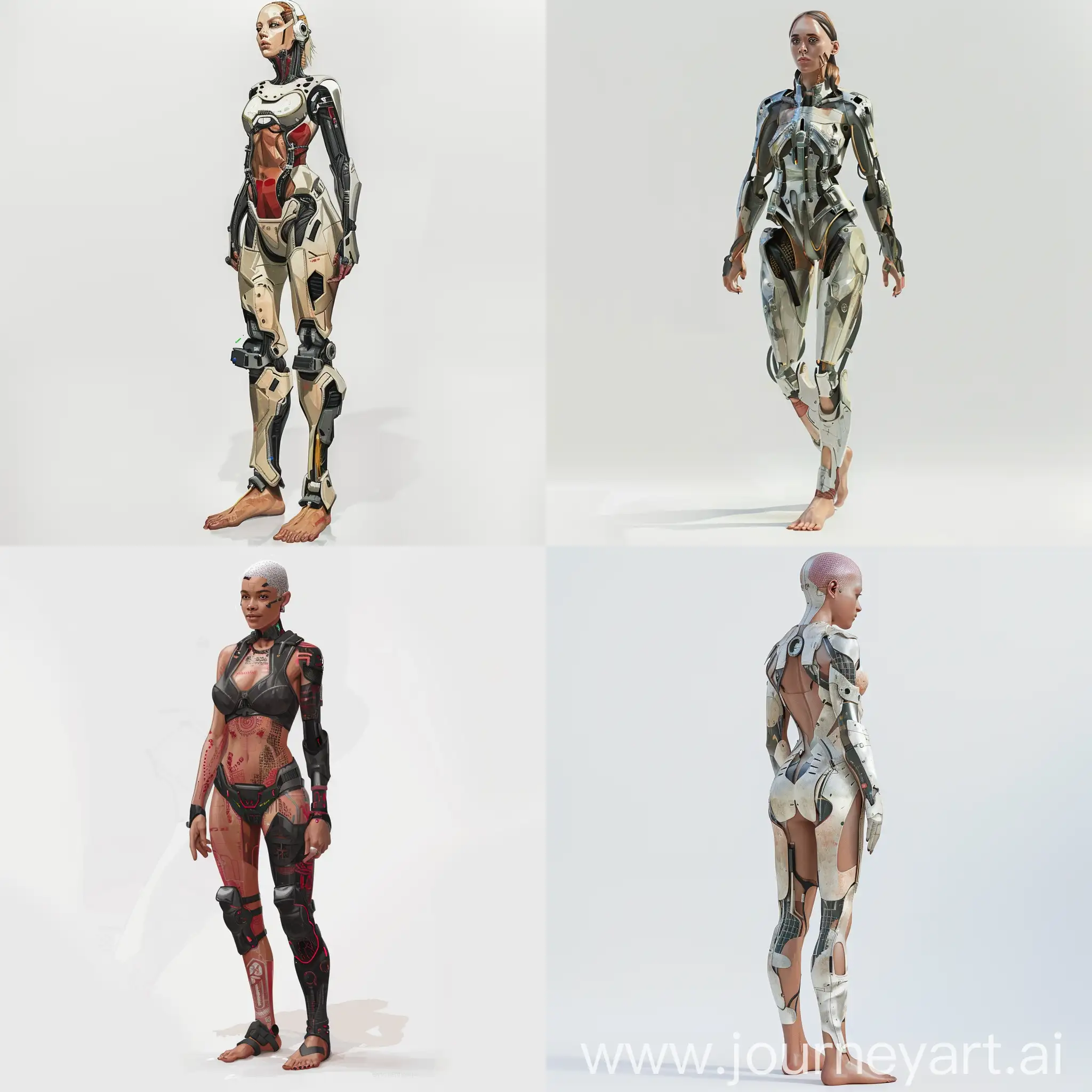 generate: concept art full body portrait of adult human. light skinned female.
CYBERPUNK. Barefoot/noshoes. on a white background. HD