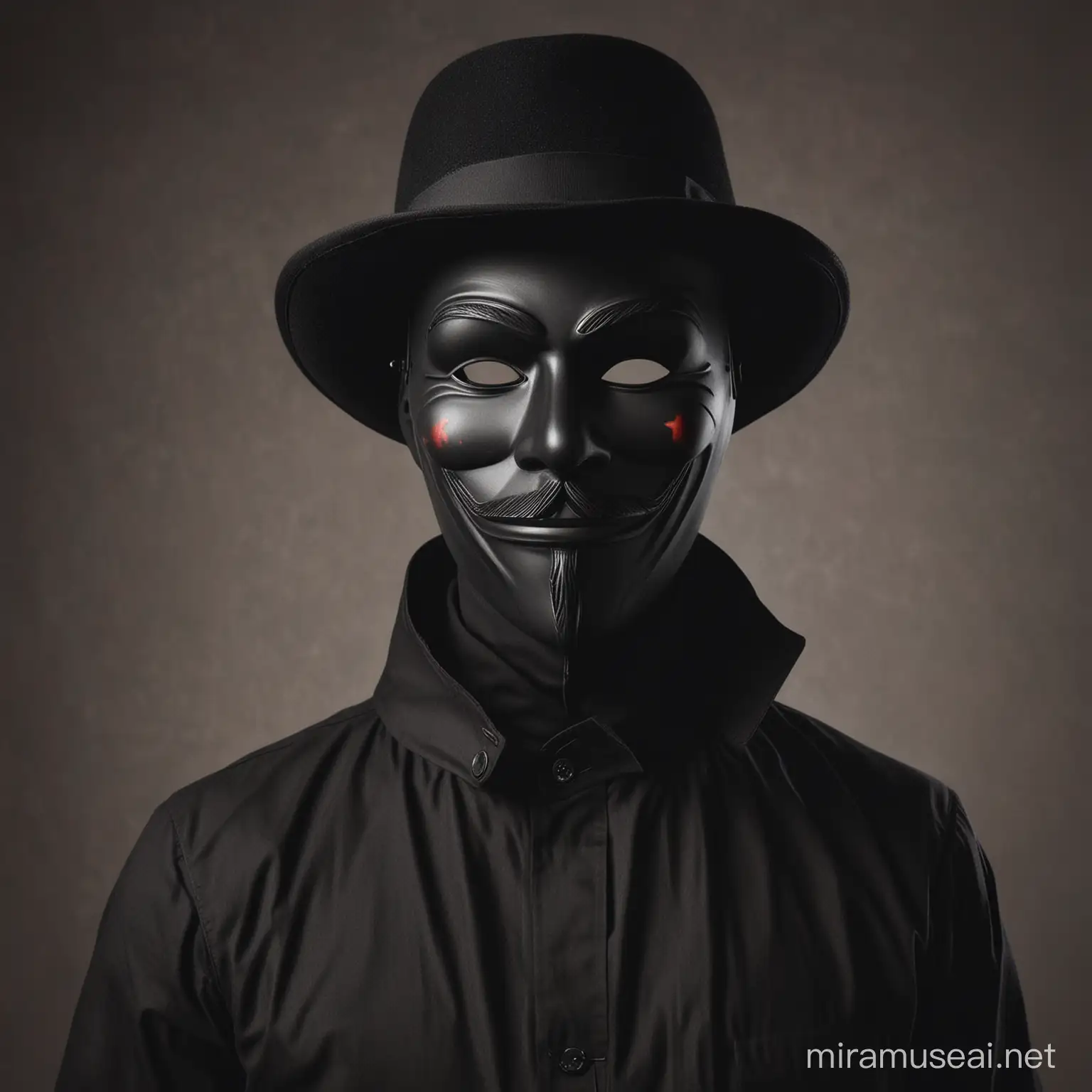 black mannequin wearing guy fawkes mask