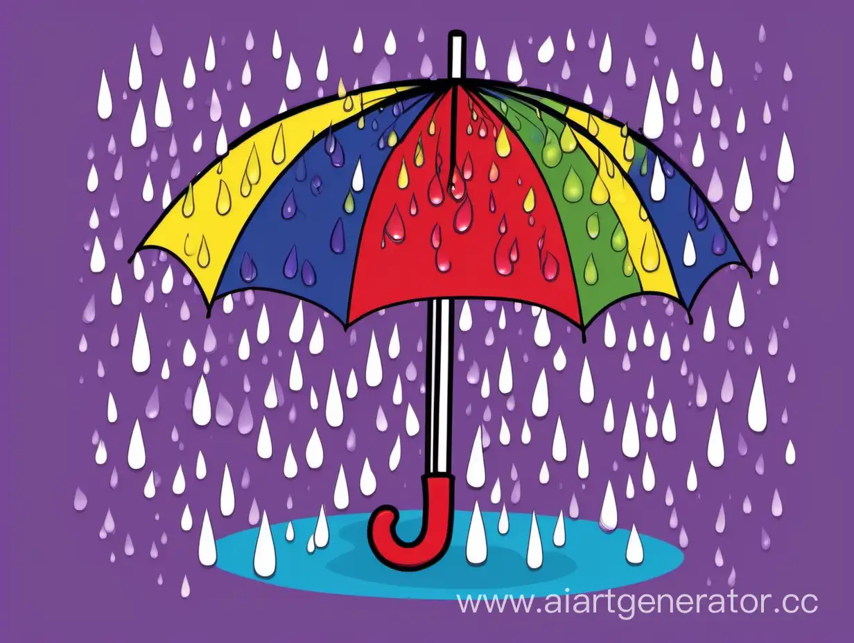 Colorful-Umbrella-with-Red-Yellow-and-Green-Panels-on-Purple-Background-amidst-Large-Blue-Raindrops