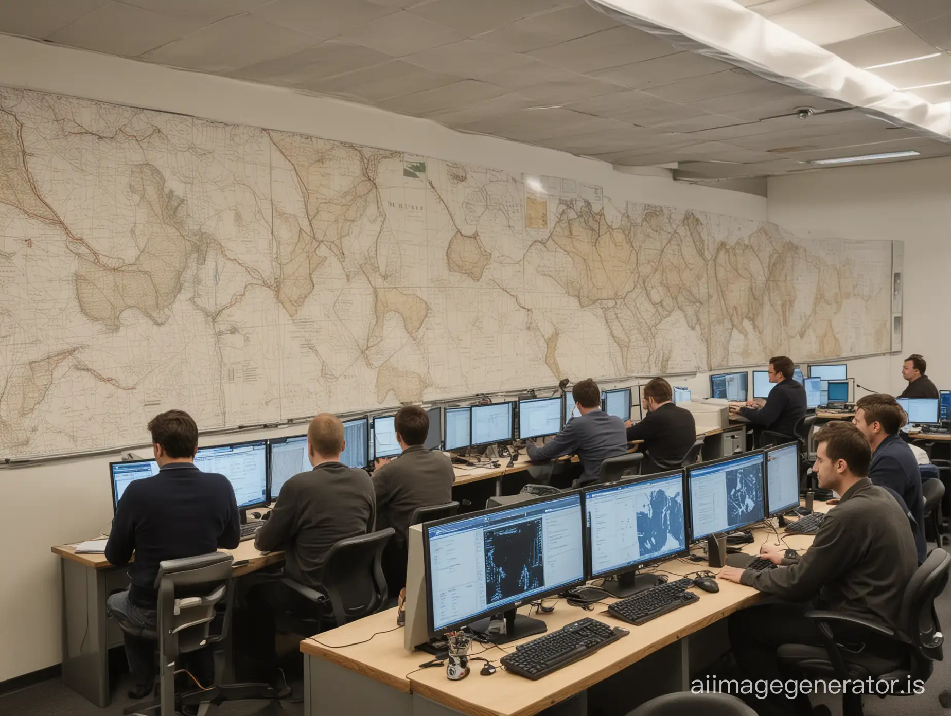 Ten men sit at computers, while on the walls hang diagrams, charts, and geographical maps.