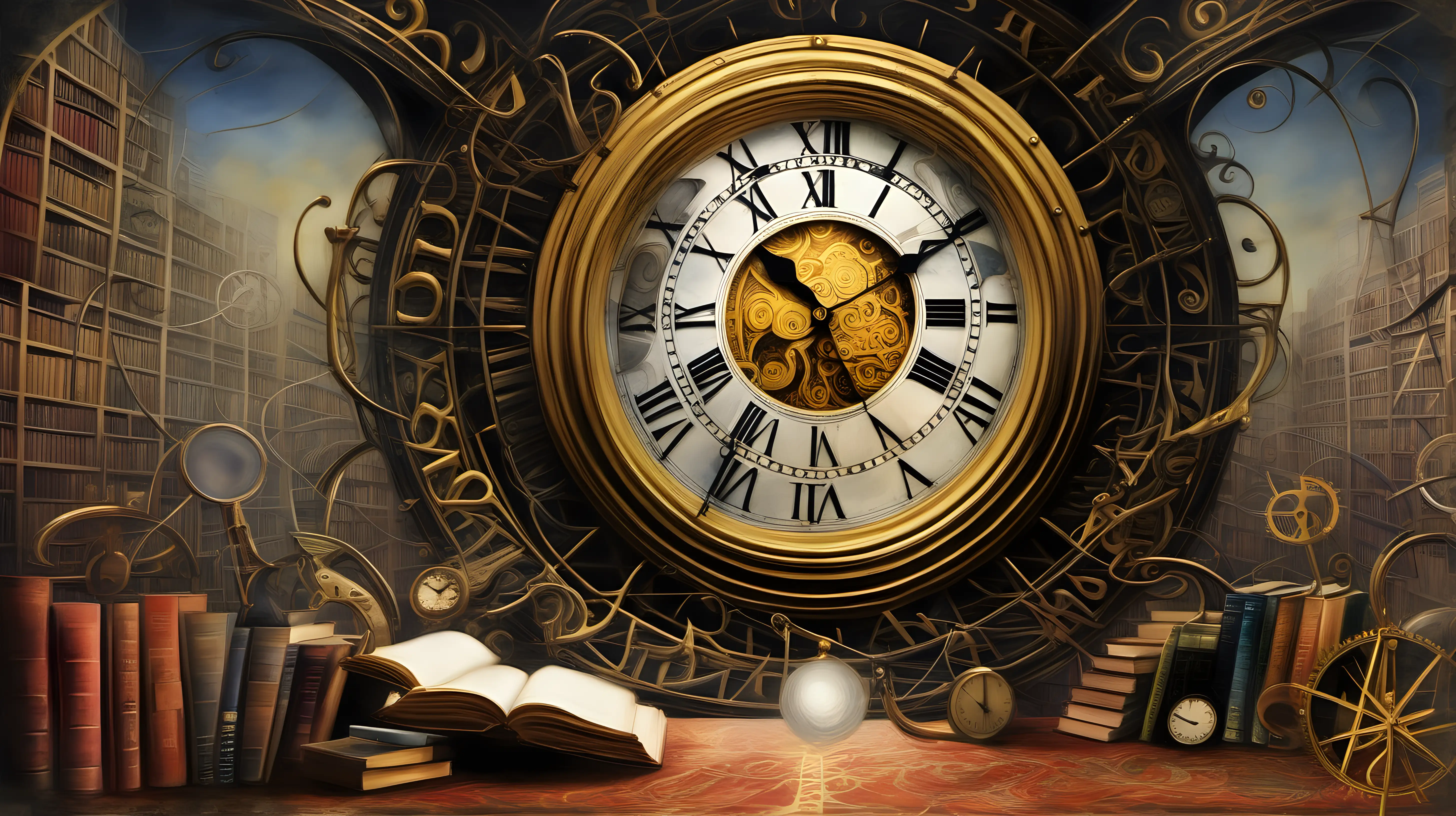 A clock symbol for a time machine with literary authors in the background painting