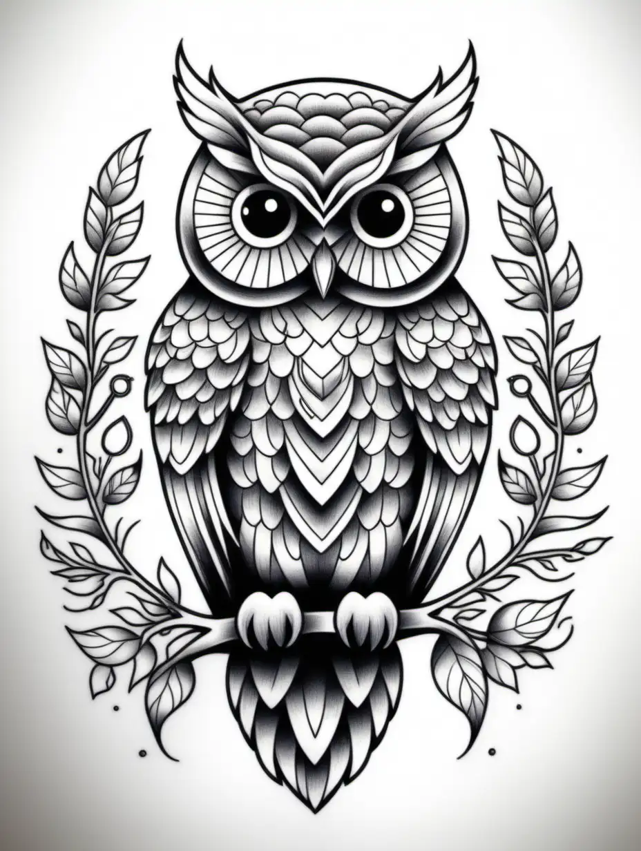a modern owl tattoo coloring book with no shading