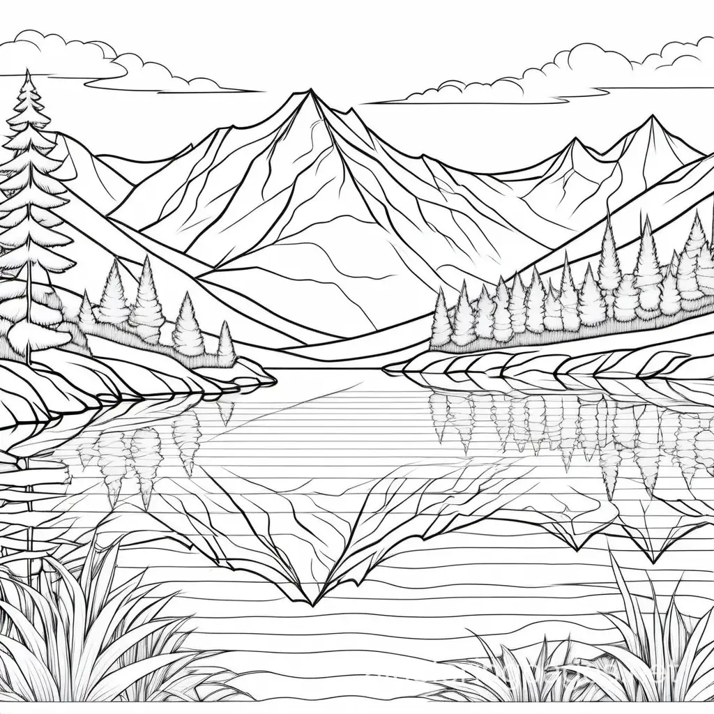Tranquil Lakeside Reflections with Mountains in the Background. The background of the coloring page is plain white to make it easy for young and adult   to color within the lines. The outlines of all the subjects are easy to distinguish, making it simple for kids to color without too much difficulty, Coloring Page, black and white, line art, white background, Simplicity, Ample White Space. The background of the coloring page is plain white to make it easy for young children to color within the lines. The outlines of all the subjects are easy to distinguish, making it simple for kids to color without too much difficulty