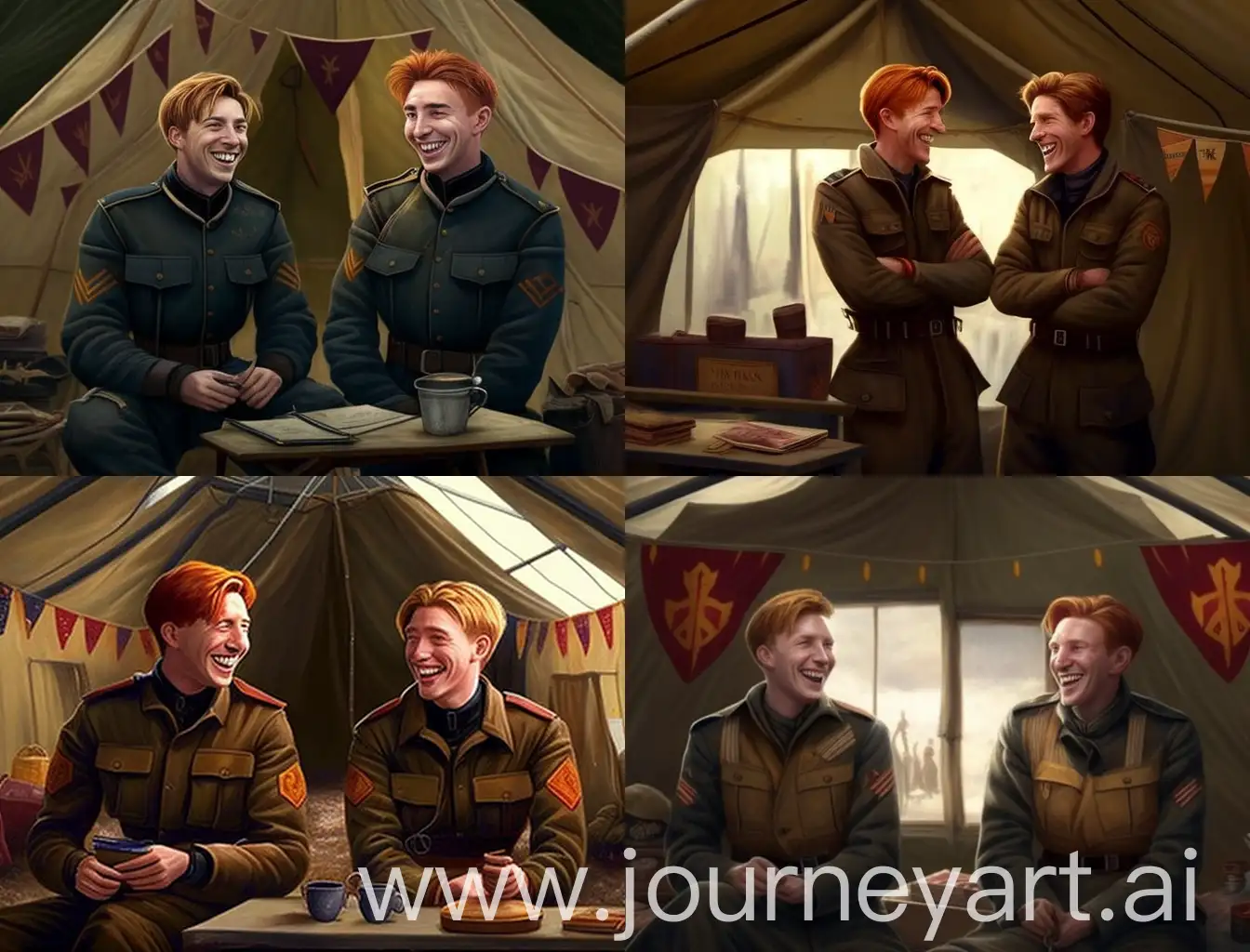 Fred and George Weasley are in British military uniform and laughing at different things. they are using their sense of humor and want to have fun and attract others to their Shop items. a military tent is their background,This camp is in an open environment outside,There is a Gryffindor mark on their clothes,real