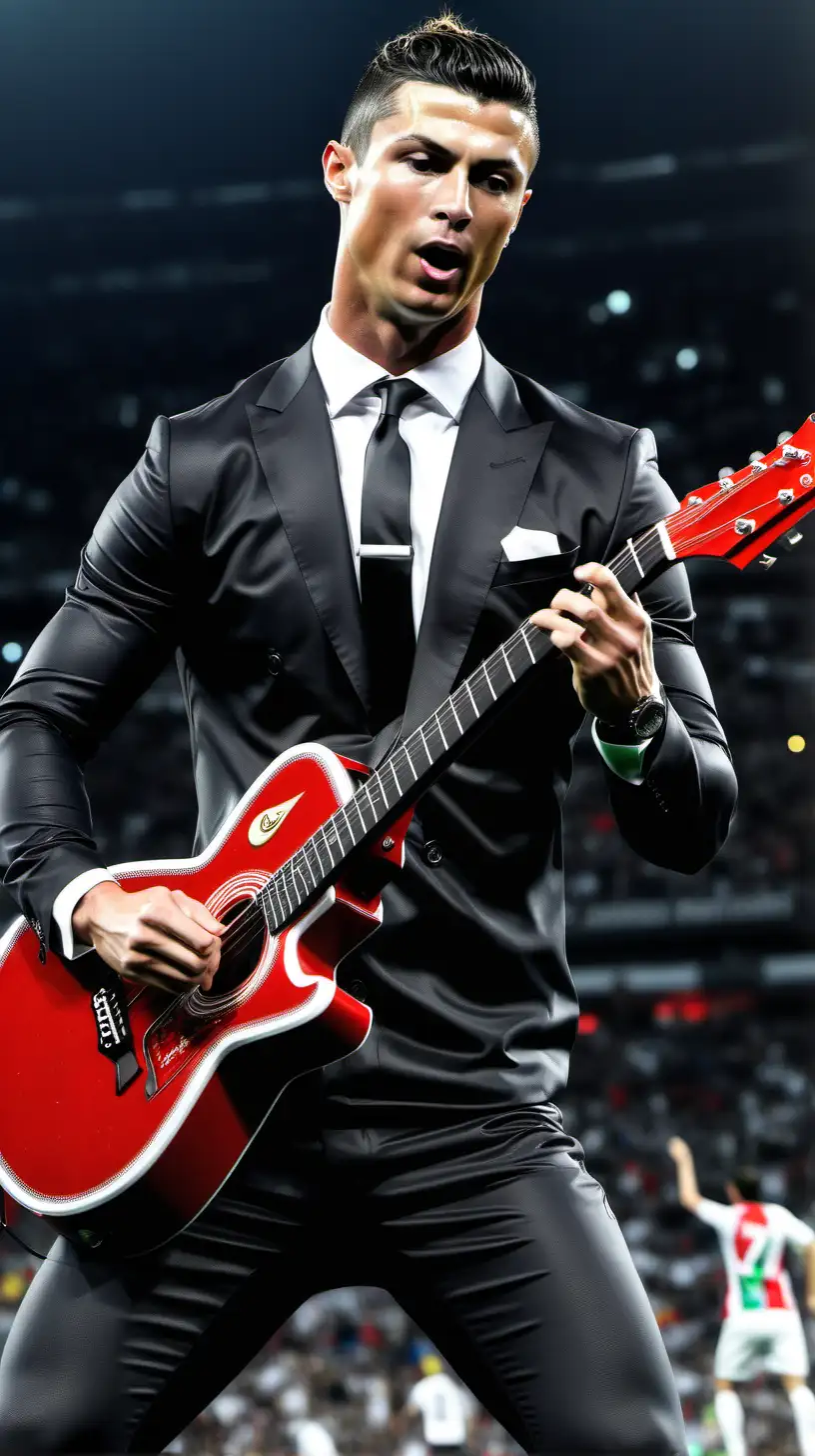 Cristiano Ronaldo is playing guitar, band background