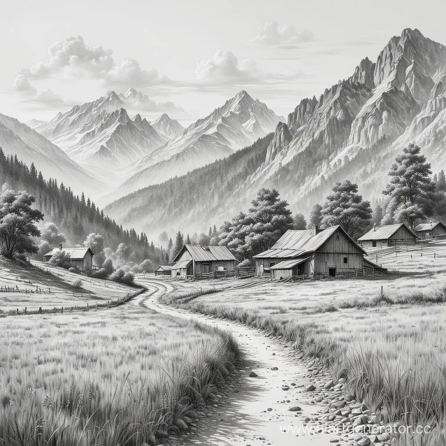 Rustic-Mountain-Village-Sketch-in-Detailed-Pencil-Art