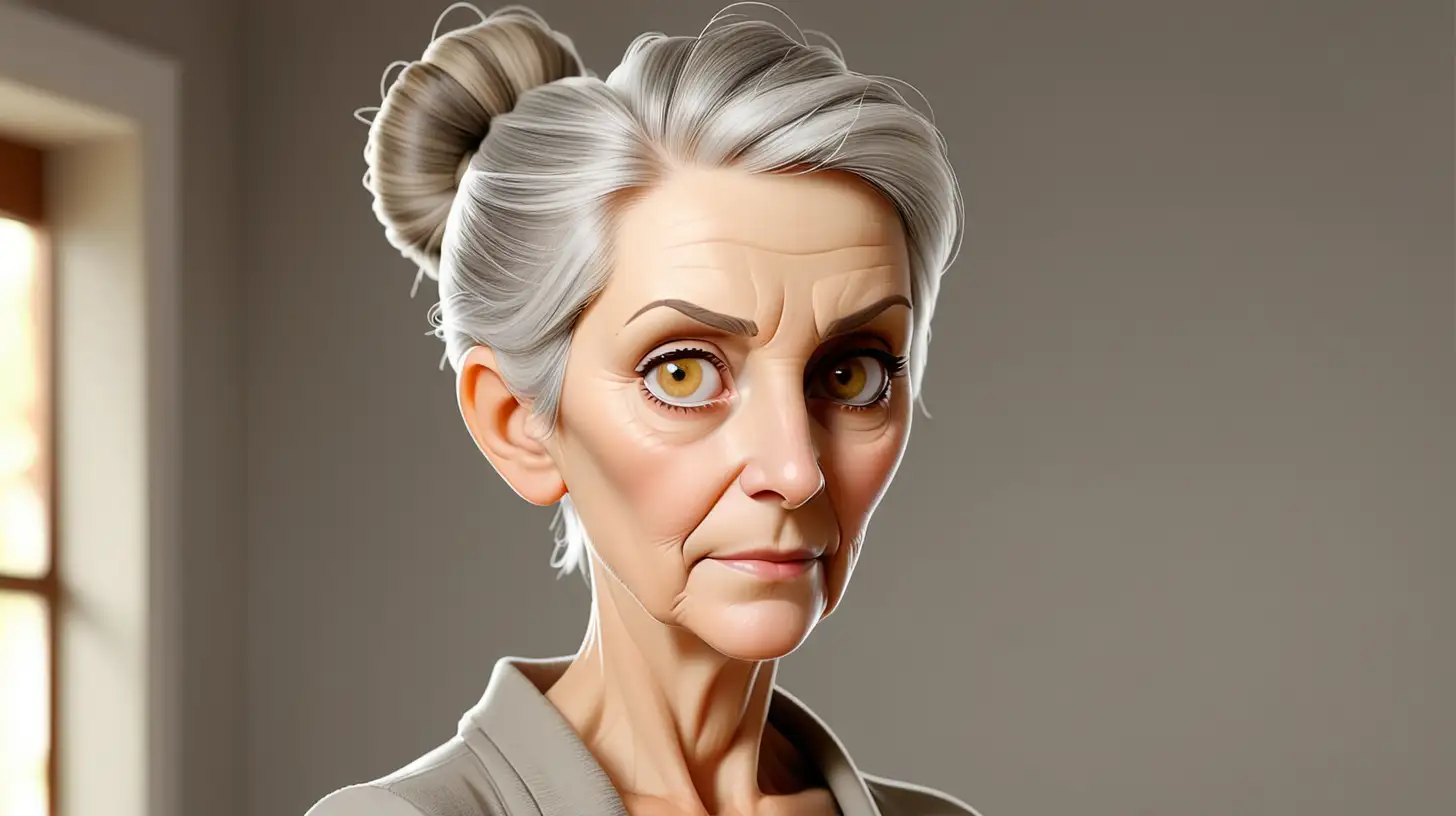 mujer blanca ,   65  años, pelo canoso, ojos color miel ,mirada dulce, pelo  recojido, parada