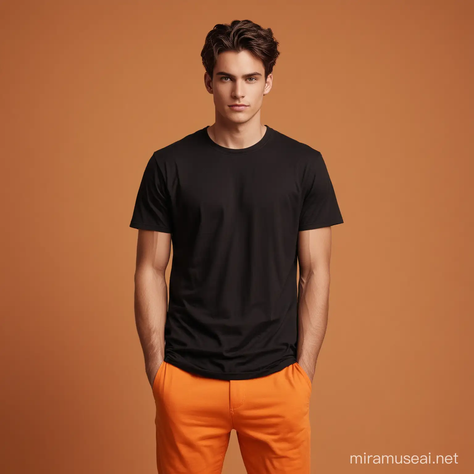 create for me a male model wearing a black T-shirt without prints, with a  Orange background.