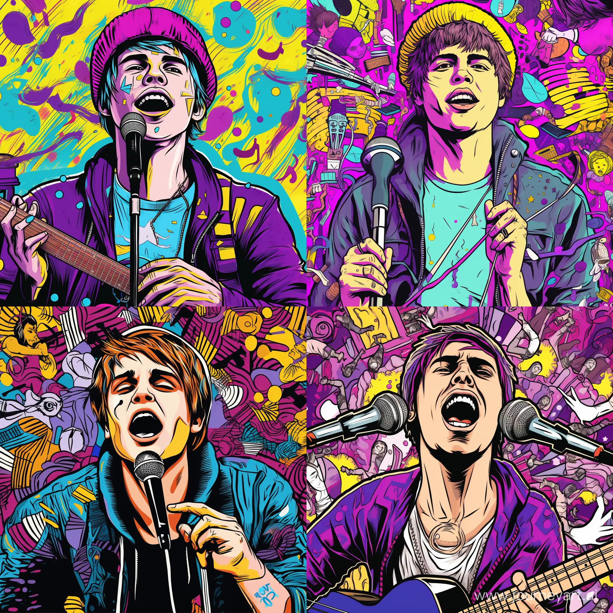 waist-length portrait of  Justin Bieber singing, surrounded by musical symbols, lots of details, complex very light color, caricature, pop art style