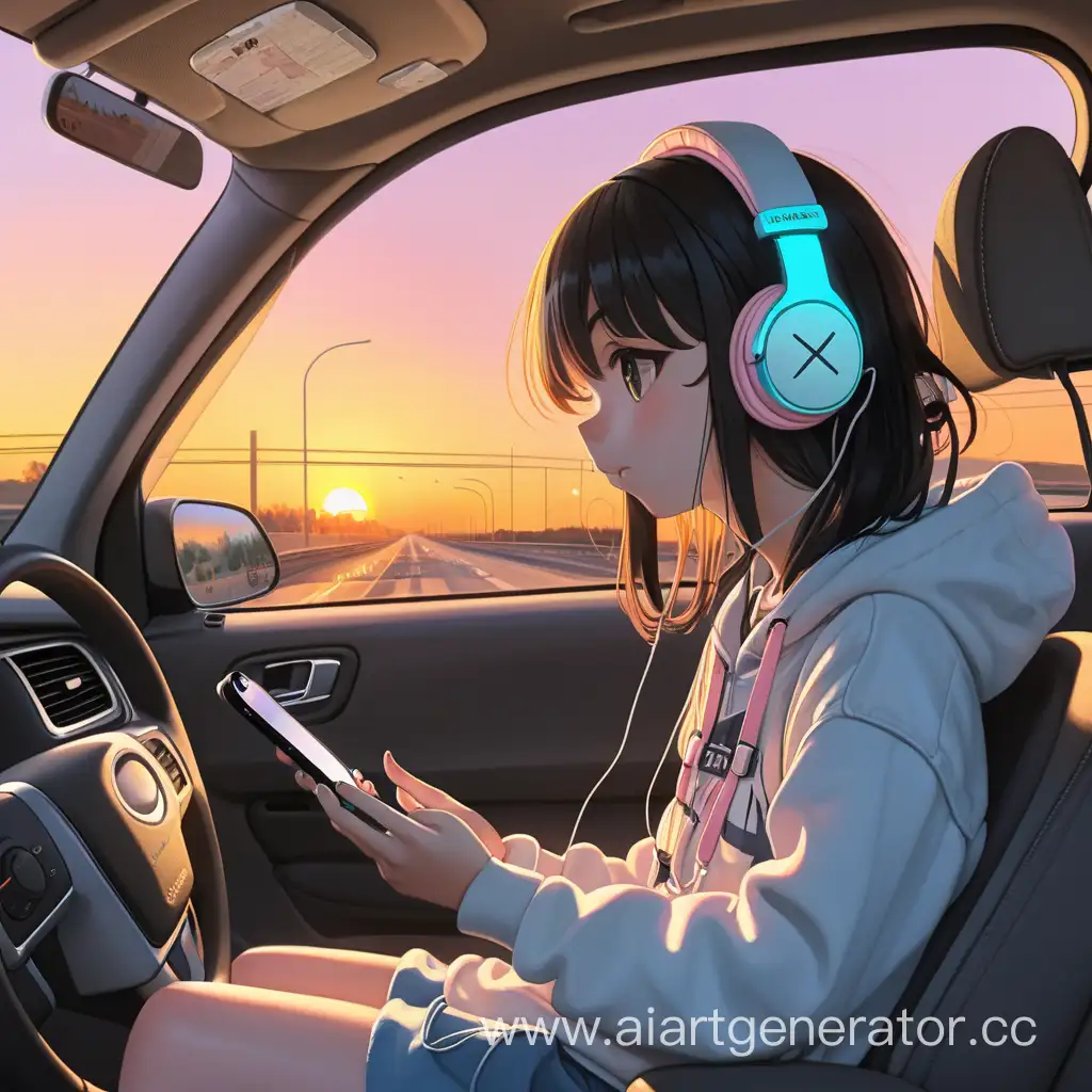 Аниме девочка с наушниками и айфонов в машине едет по шоссе на розовом закате