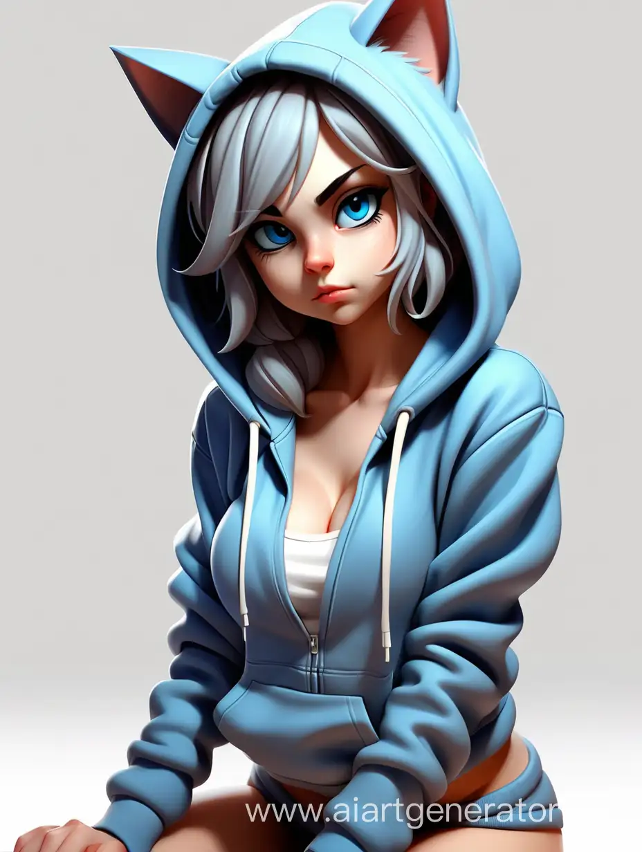 cute sexy young catgirl in blue hoodie on white background