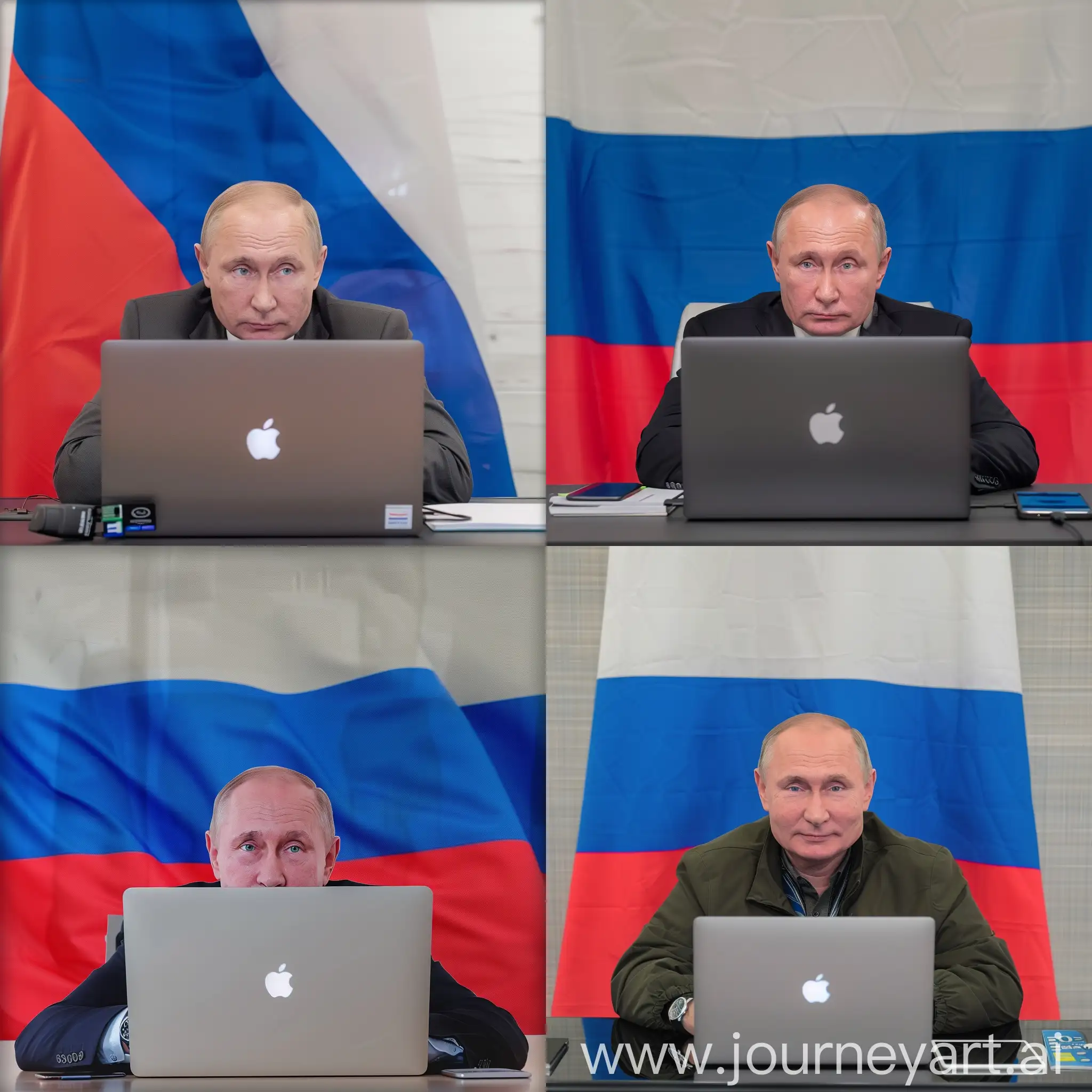 Владимир Путин, сидит за macbook, ничего лишнего на столе, задний фон флаг России, HDR, крупный план, профессиональное освещение