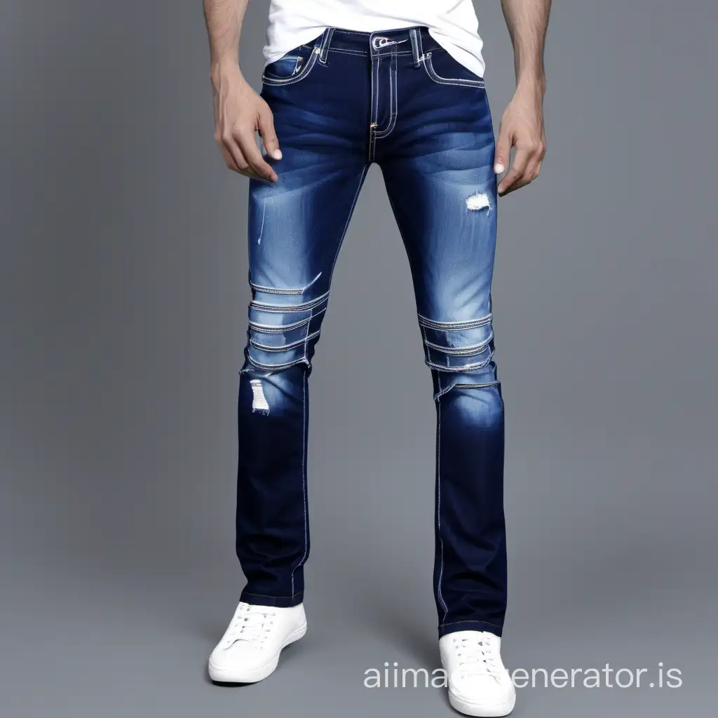 Trendy Indigo Blue Distressed Denim for Men with Dutch Angle View