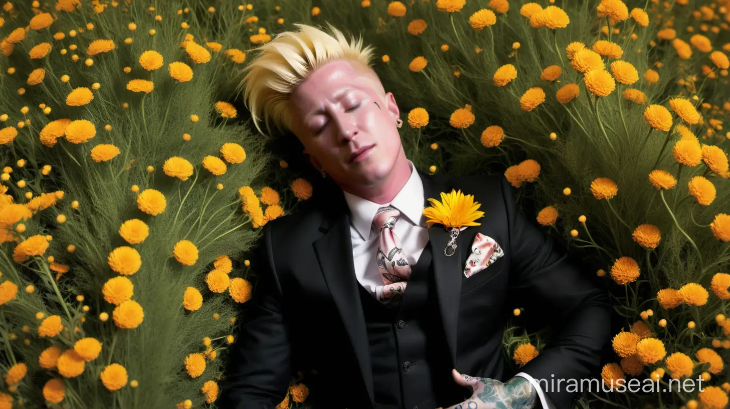 A portrait of Bello nock sleeping in a field of flowers. He is wearing a suit and has no makeup on. He has tattoos.