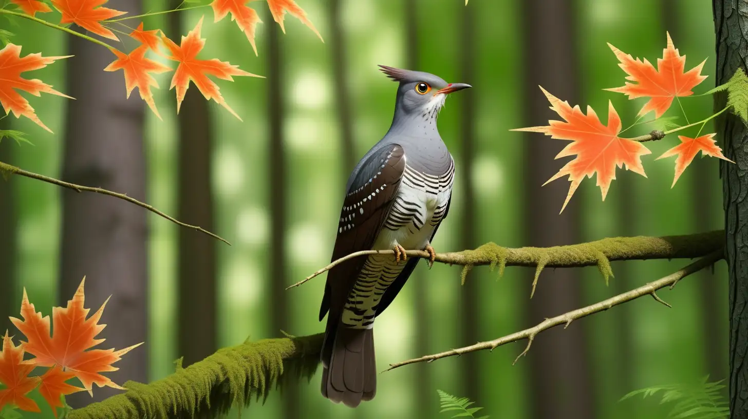 Serene Summer Forest Scene with Cuckoo Bird Singing on Maple Branch