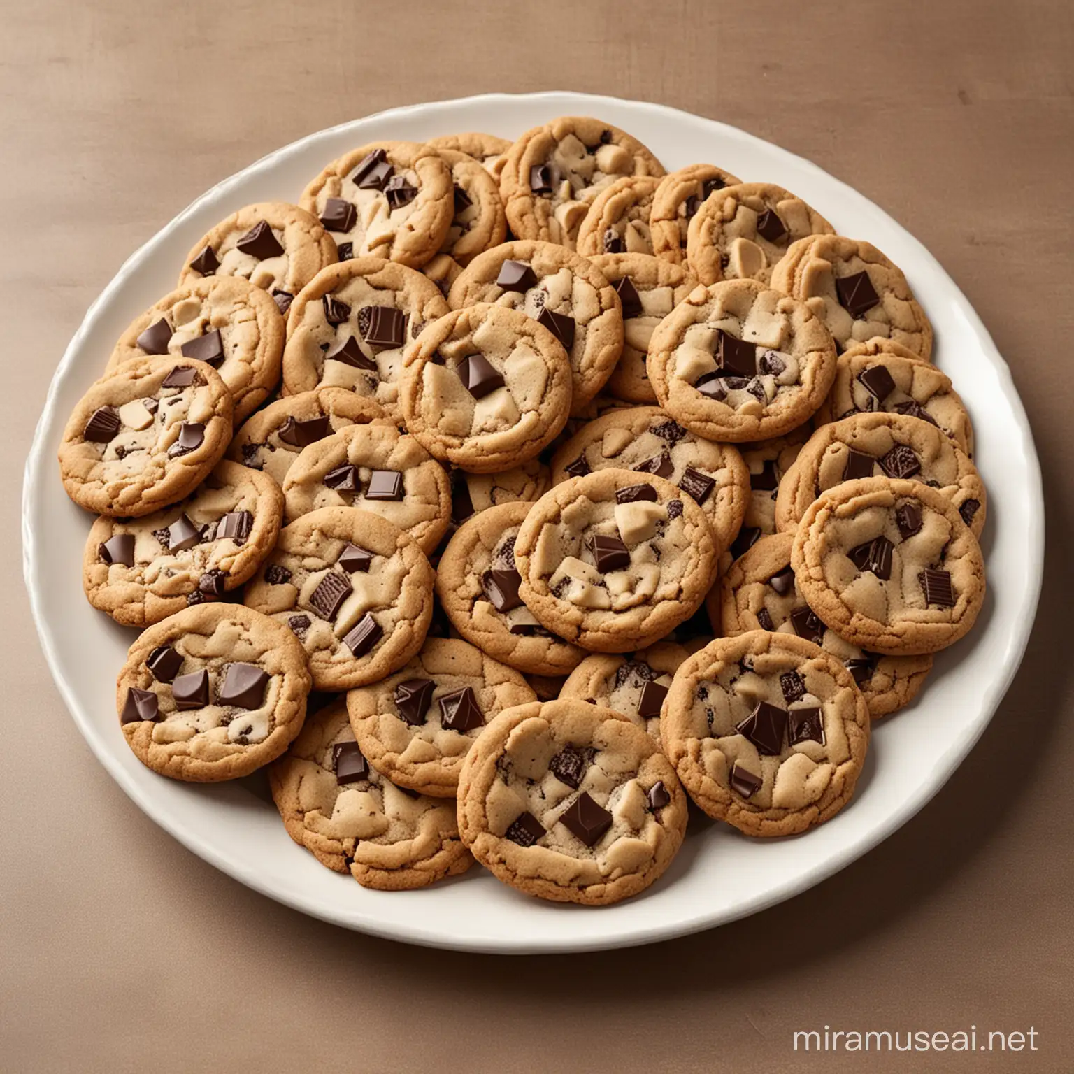 I want a side view image of a round white plate filled with toasted cookies. Each cookie is decorated with dark chocolate chunks. The background is simple and neutral in color, highlighting the plate and cookies. The lighting of the image is soft, showing the details and shapes of the chocolate chunks on the surface of each cookie.