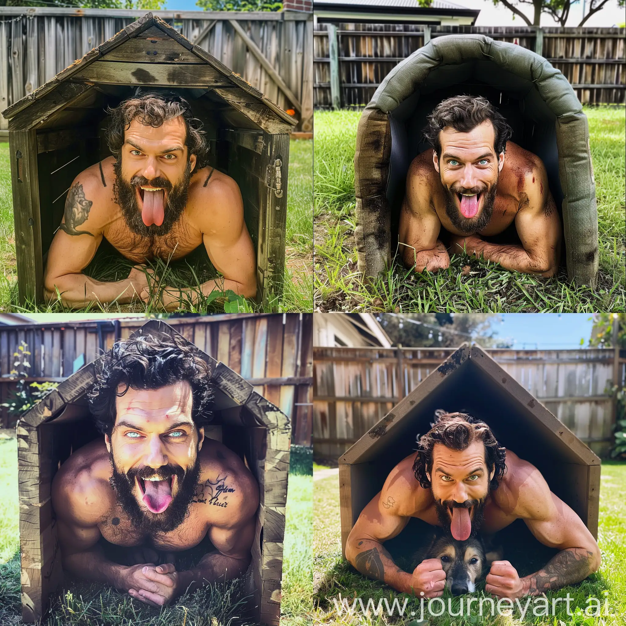 Beautiful day, Good looking burly Henry Cavill crawling on all fous inside a dog house, burly big Henry Cavill inside a small dog house, backyard background, bearded Henry Cavill with a happy face and tongue out, smiling with his tongue out, with his eyes white and blank, hairy chest, grass backyard