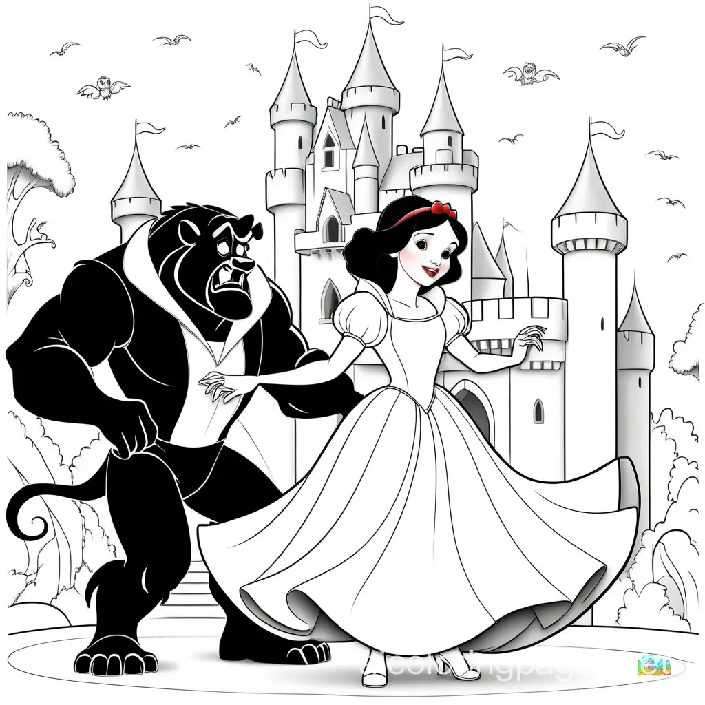 Snow white  dances with the Beast in front of a castle, Coloring Page, black and white, line art, white background, Simplicity, Ample White Space. The background of the coloring page is plain white to make it easy for young children to color within the lines. The outlines of all the subjects are easy to distinguish, making it simple for kids to color without too much difficulty