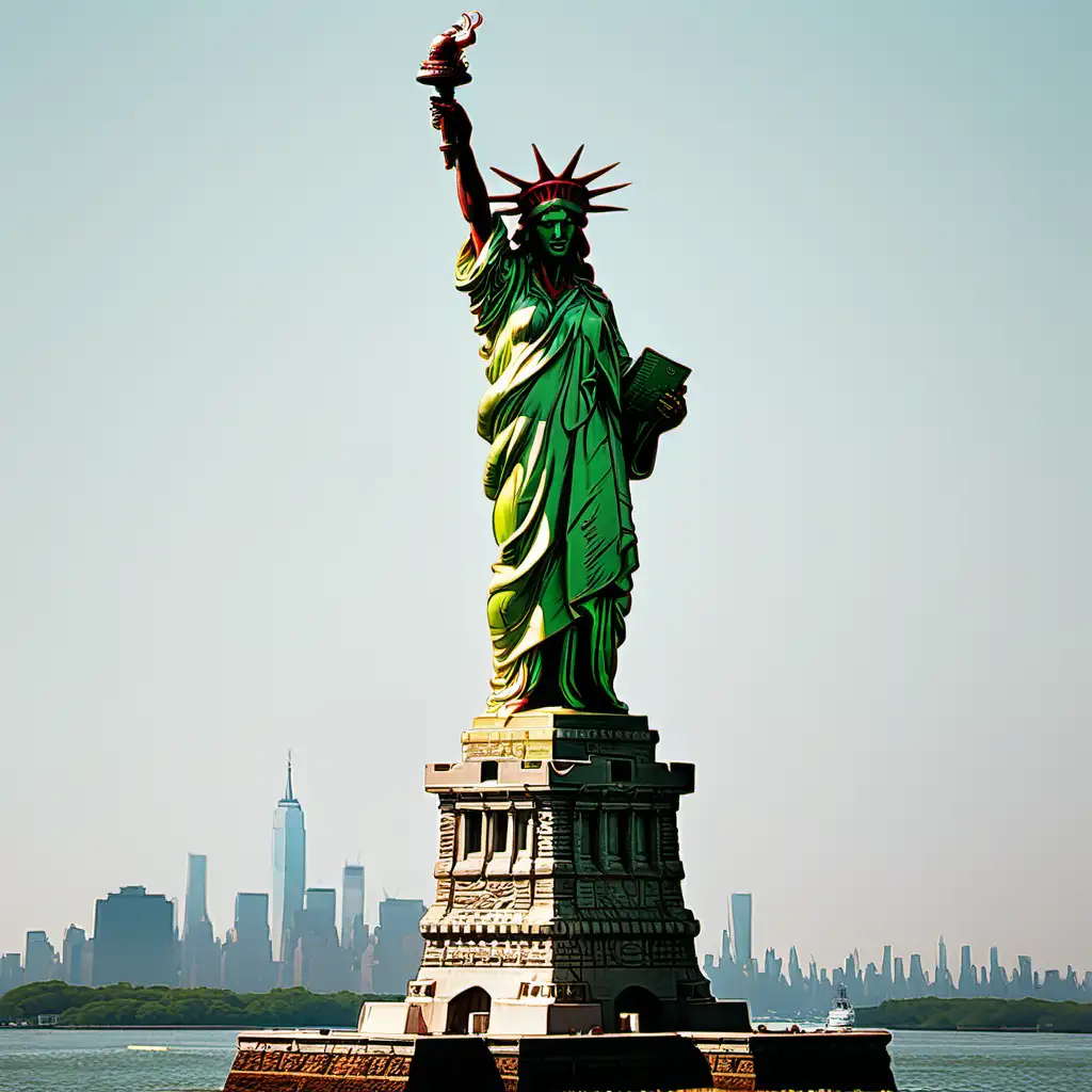 Statue of Liberty with large green gold red dreadlocks standing on brown pedestal in New York harbor 