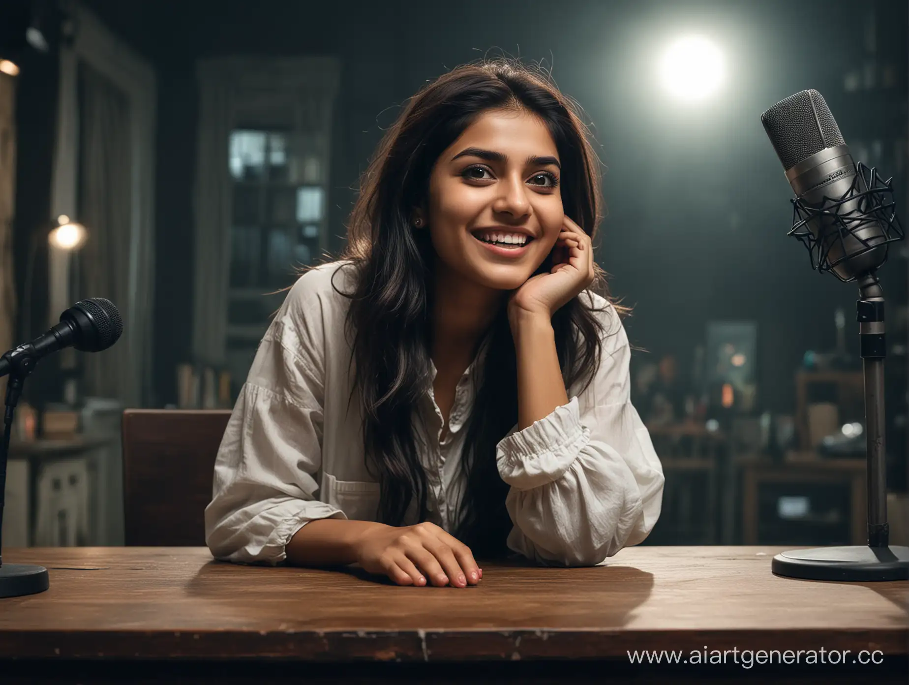  horror story studio on a Pakistani girl who looks happy and excited, sitting on a table with a mic in front of her background is night and scary, realistic, looking at the front, she is the host of the channel, everything should look real,